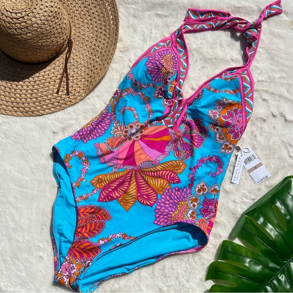 Trina Turk Pink & Turquoise Floral Halter One-Piece Swimsuit - Picture 4 of 11